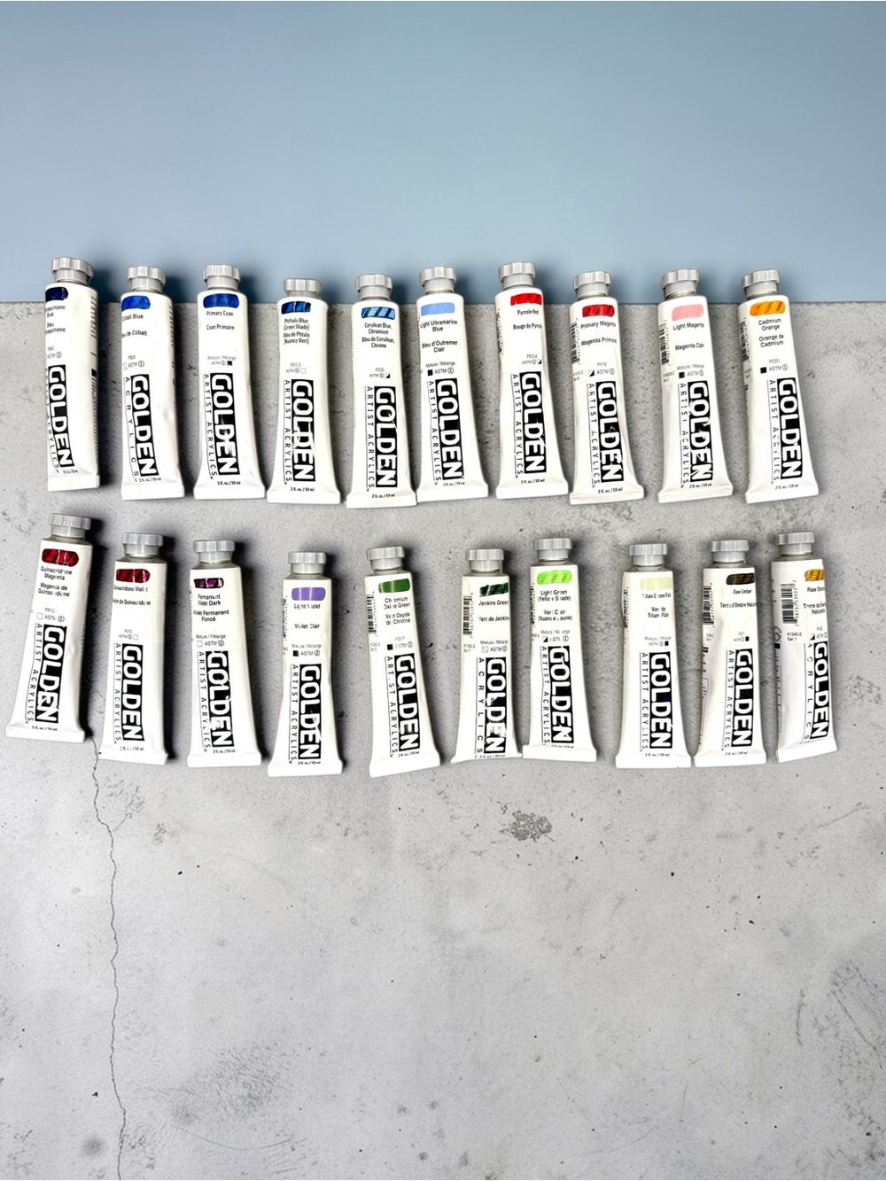 New gold, heavy body acrylic paint lot- 20 tubes artist grade paint supplies